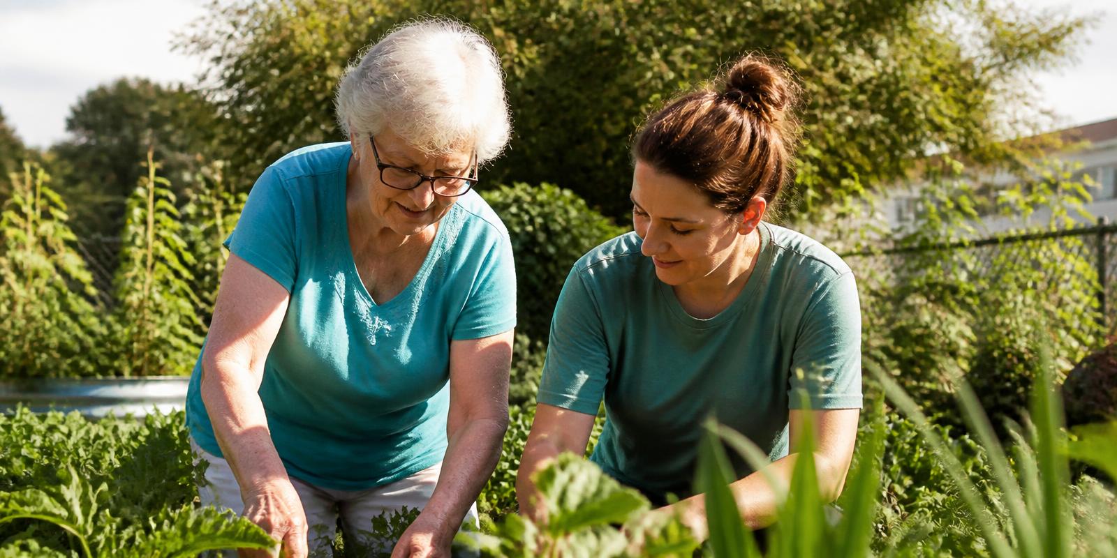 Two women, one in her seventies and one much younger, working side by side over a garden bed in afternoon sunlight.
