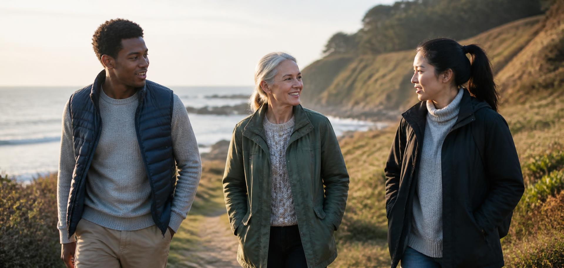 Three adults of different ages walking together along a coastal path in morning light, talking as they go.