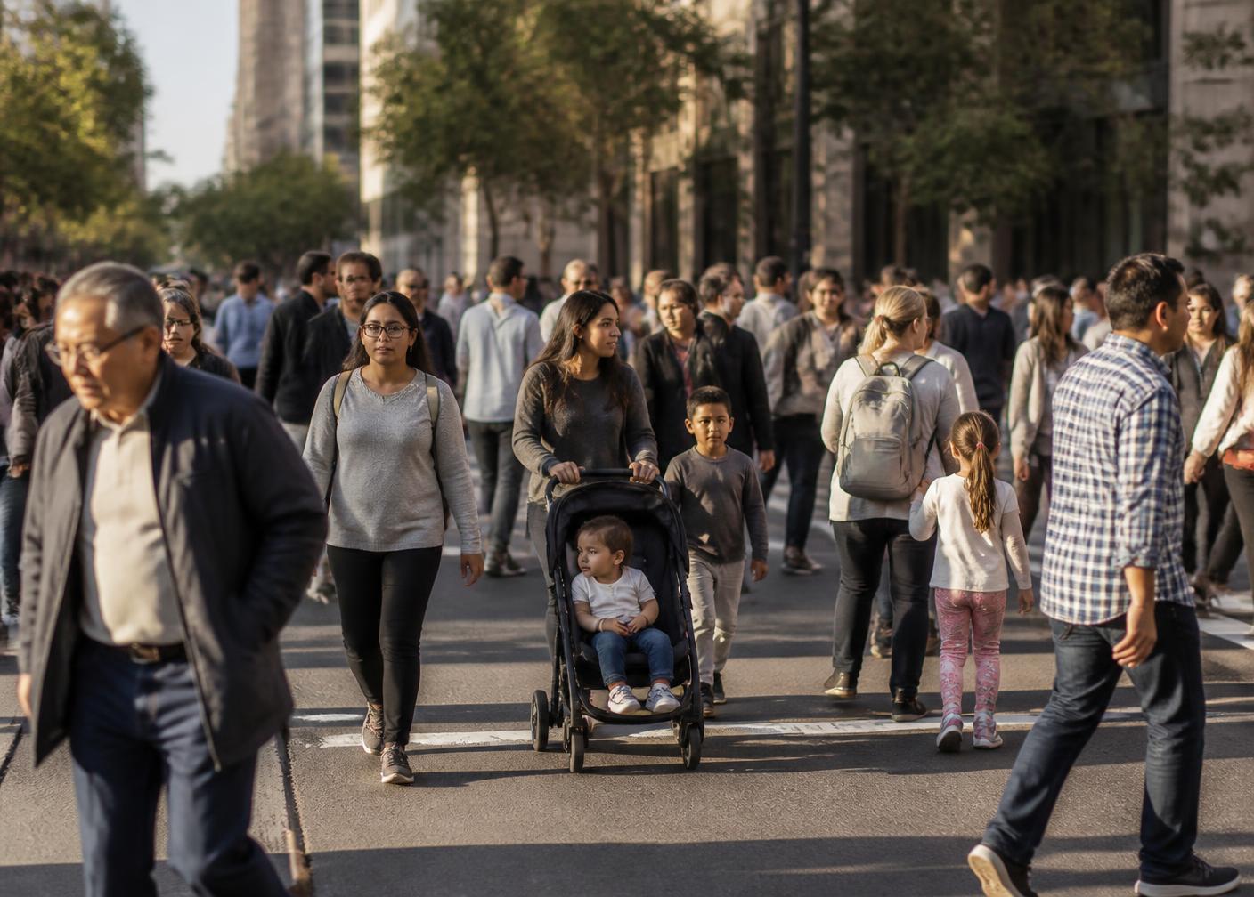People of many different ages crossing a busy city street in daylight.